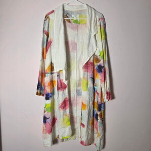 Luukaa “Maya” Long Linen Jacket Multicolor Art Print Duster Size 10